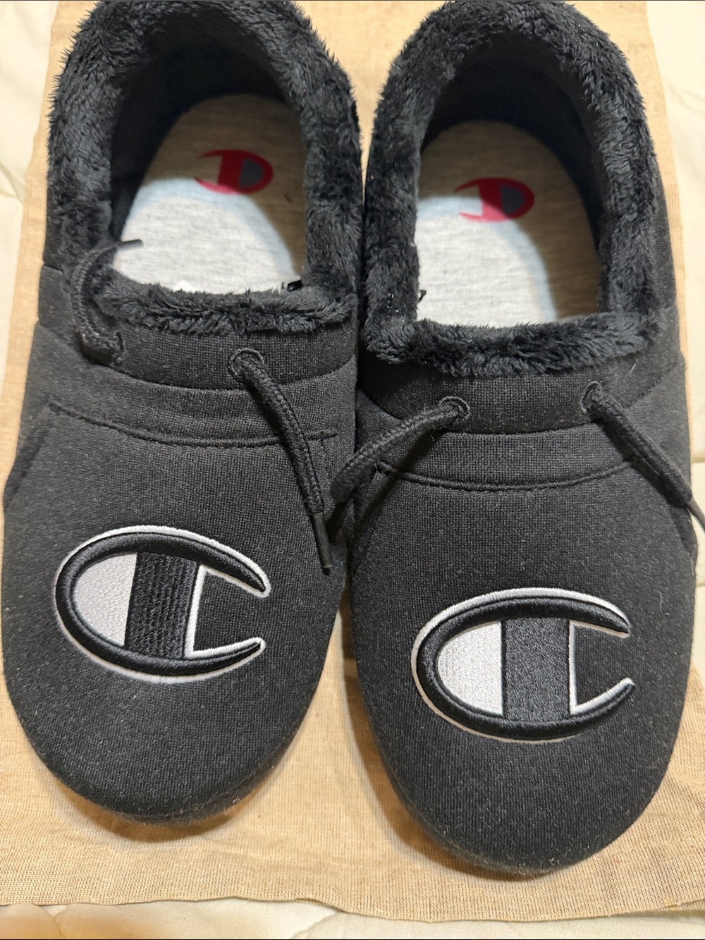 Champion Black Plush-Lined Kids One Piece Slippers with Logo